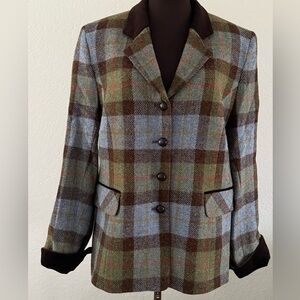 Harris Tweed Wool Blazer Eliz Scott Plaid Jacket Made in England Size 18